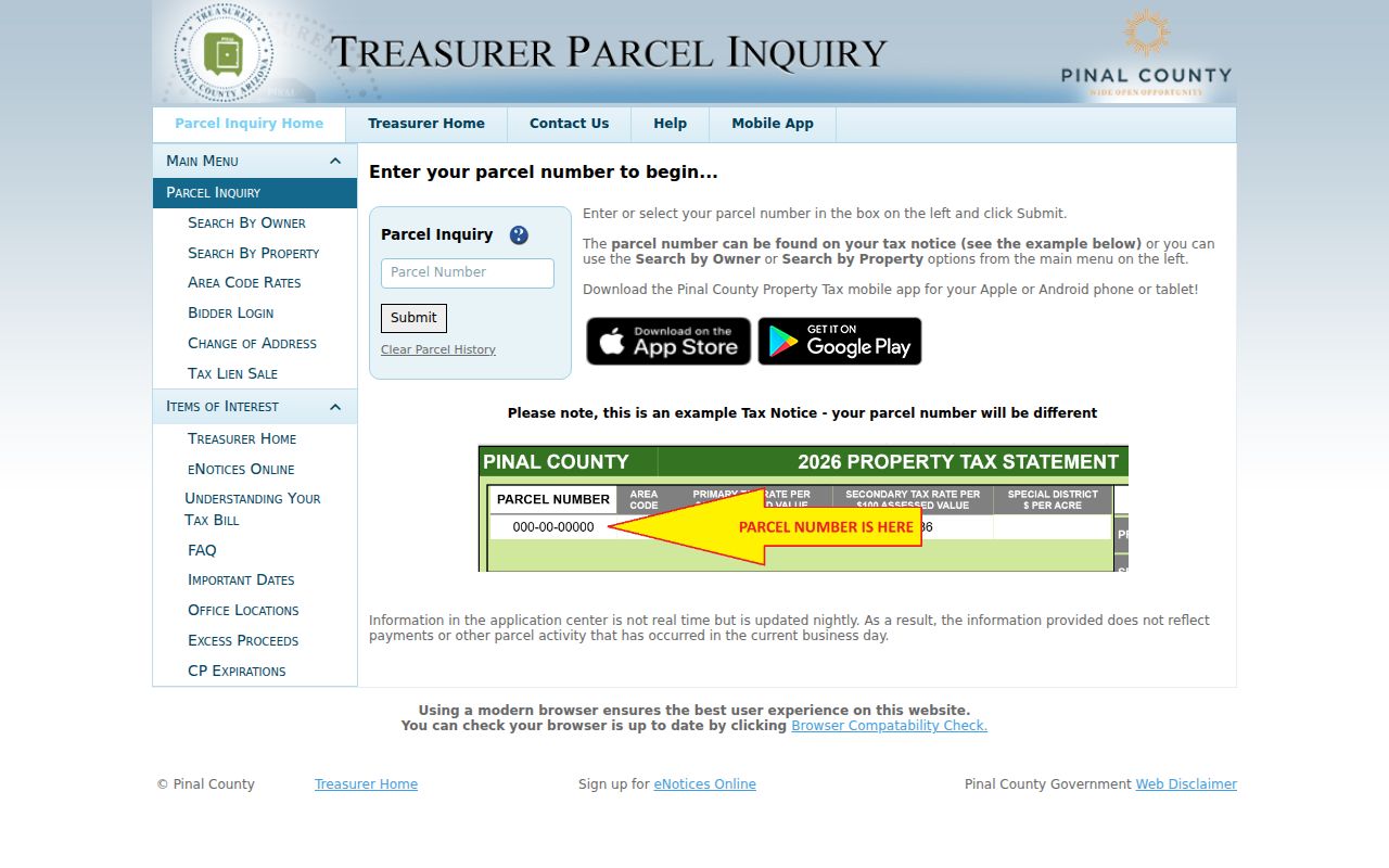 Maricopa neighbors research through the Pinal Treasurer parcel inquiry