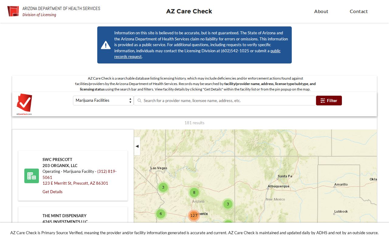 Maricopa resident lookup view of Arizona Care Check license verification
