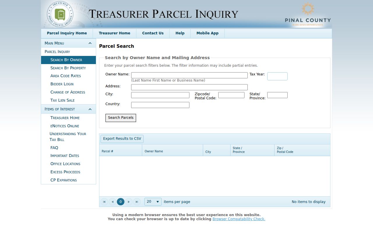Maricopa street directory Pinal Treasurer owner and mailing search